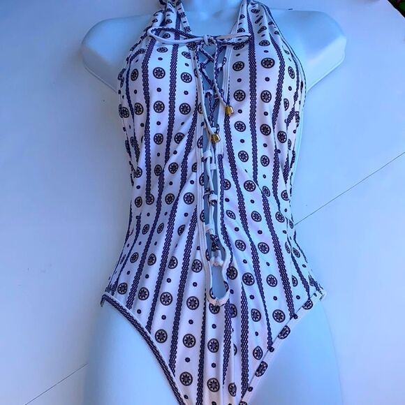 Orion Deep V Lace Up Front One Piece Swim Suit In White Navy Multi - Picture 6 of 13